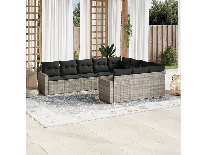 10-tlg. Garten-Sofagarnitur mit Kissen Hellgrau Poly Rattan