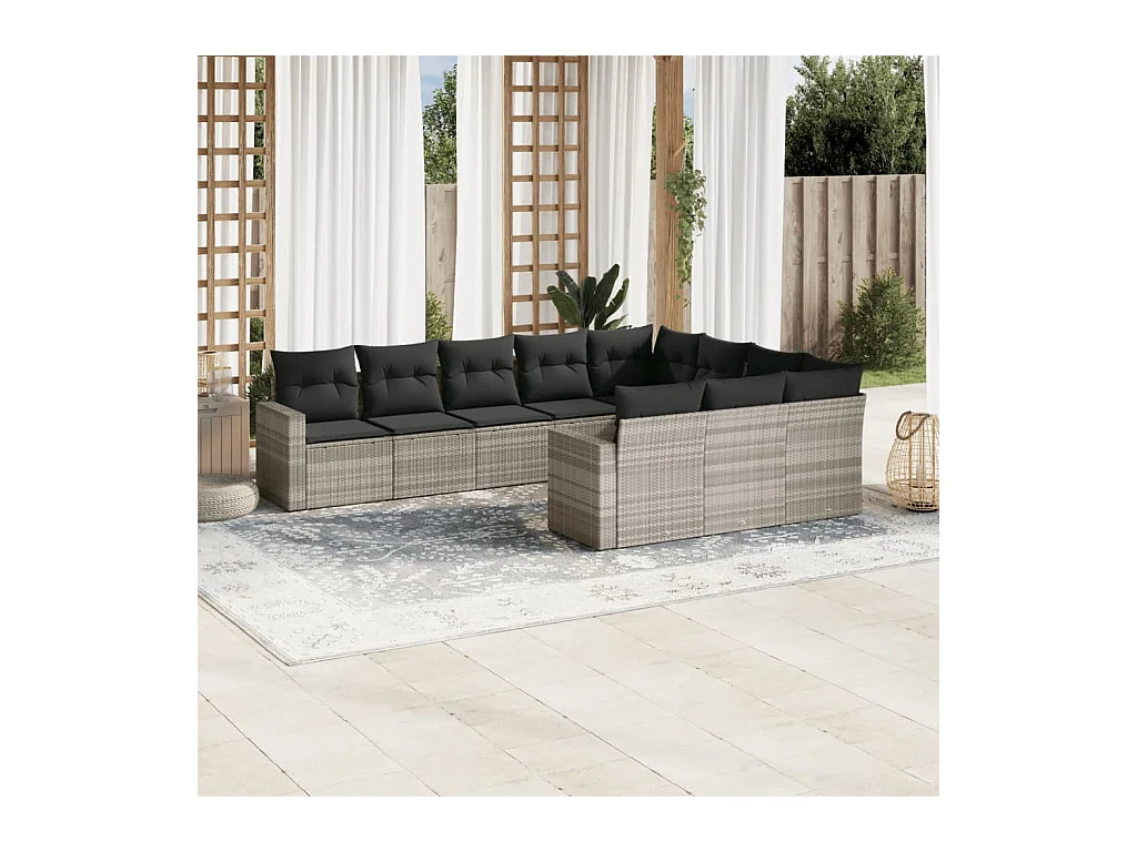 Salon de jardin avec coussins 10 pcs gris clair résine tressée