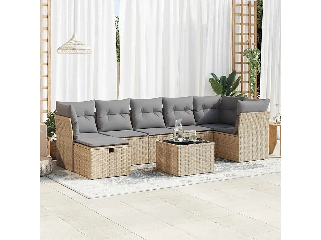 Salon de jardin avec coussins 8 pcs beige résine tressée