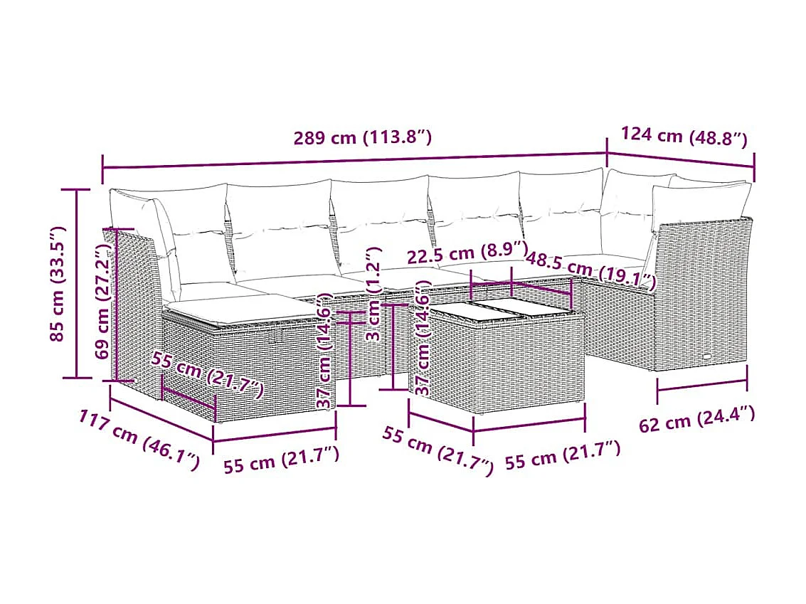 Salon de jardin avec coussins 8 pcs beige résine tressée