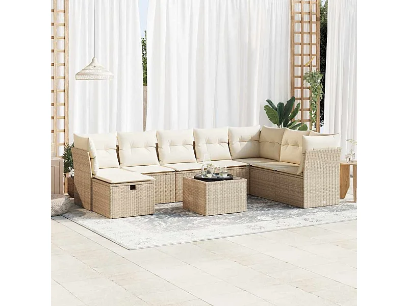 Salon de jardin avec coussins 9 pcs beige résine tressée