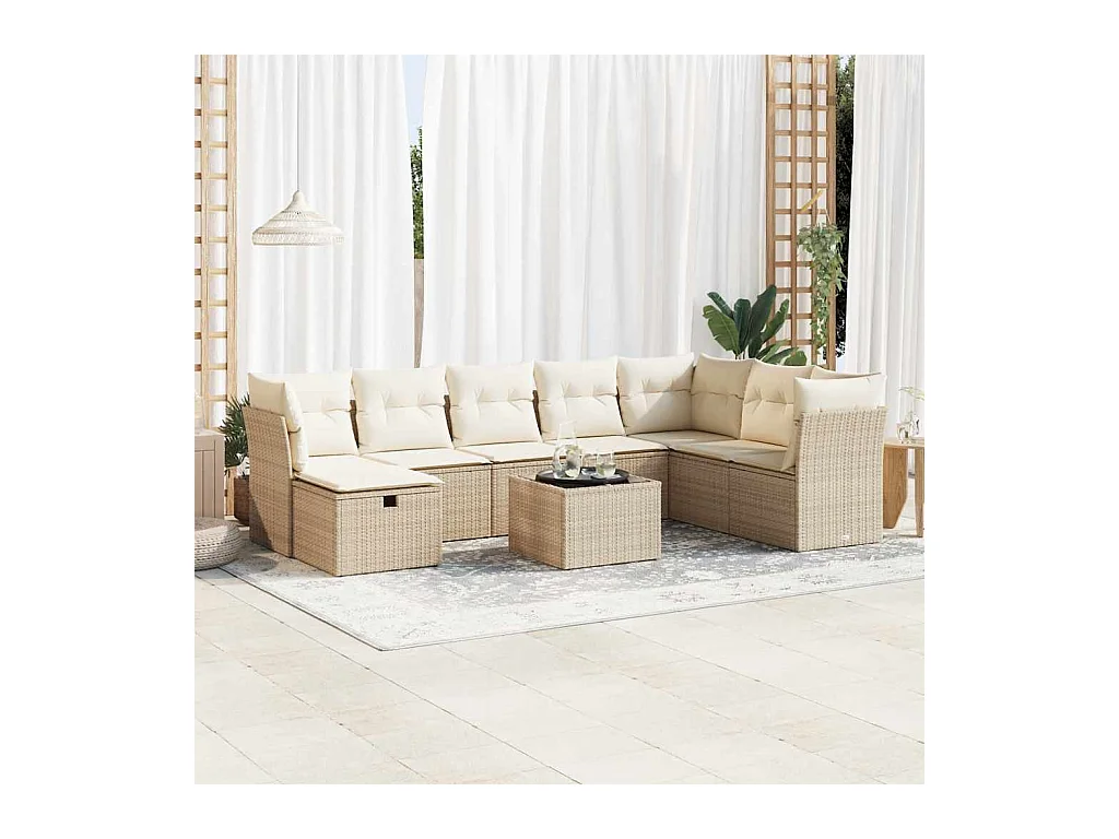 9-tlg. Garten-Sofagarnitur mit Kissen Beige Poly Rattan