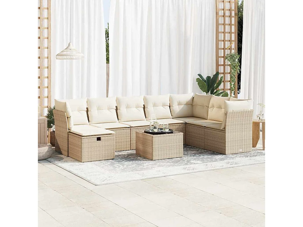 Set de sofás de jardín con cojines 9 pzas ratán sintético beige