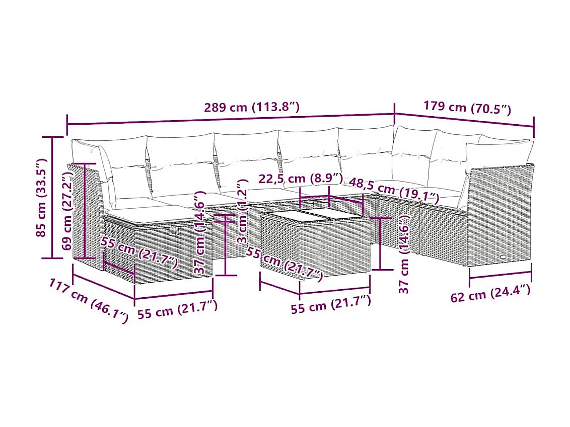 Set de sofás de jardín con cojines 9 pzas ratán sintético beige