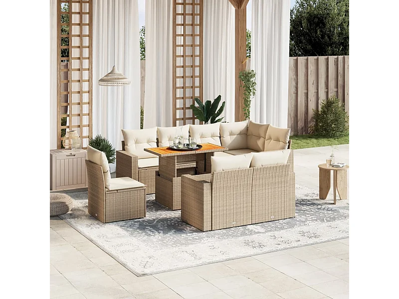 Salon de jardin avec coussins 9 pcs beige résine tressée
