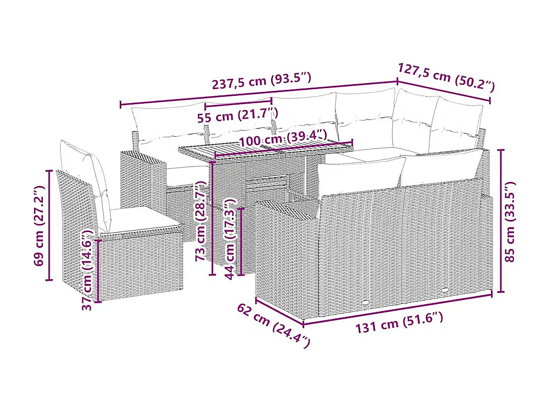 Salon de jardin avec coussins 9 pcs beige résine tressée