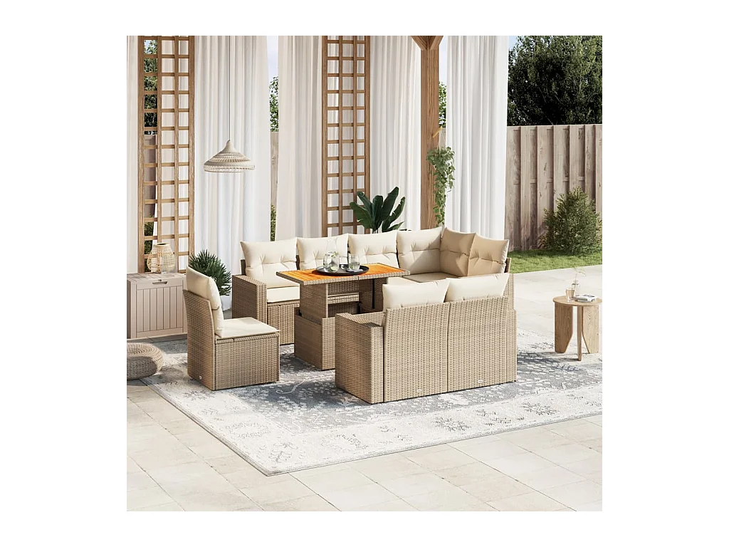 Salon de jardin avec coussins 9 pcs beige résine tressée