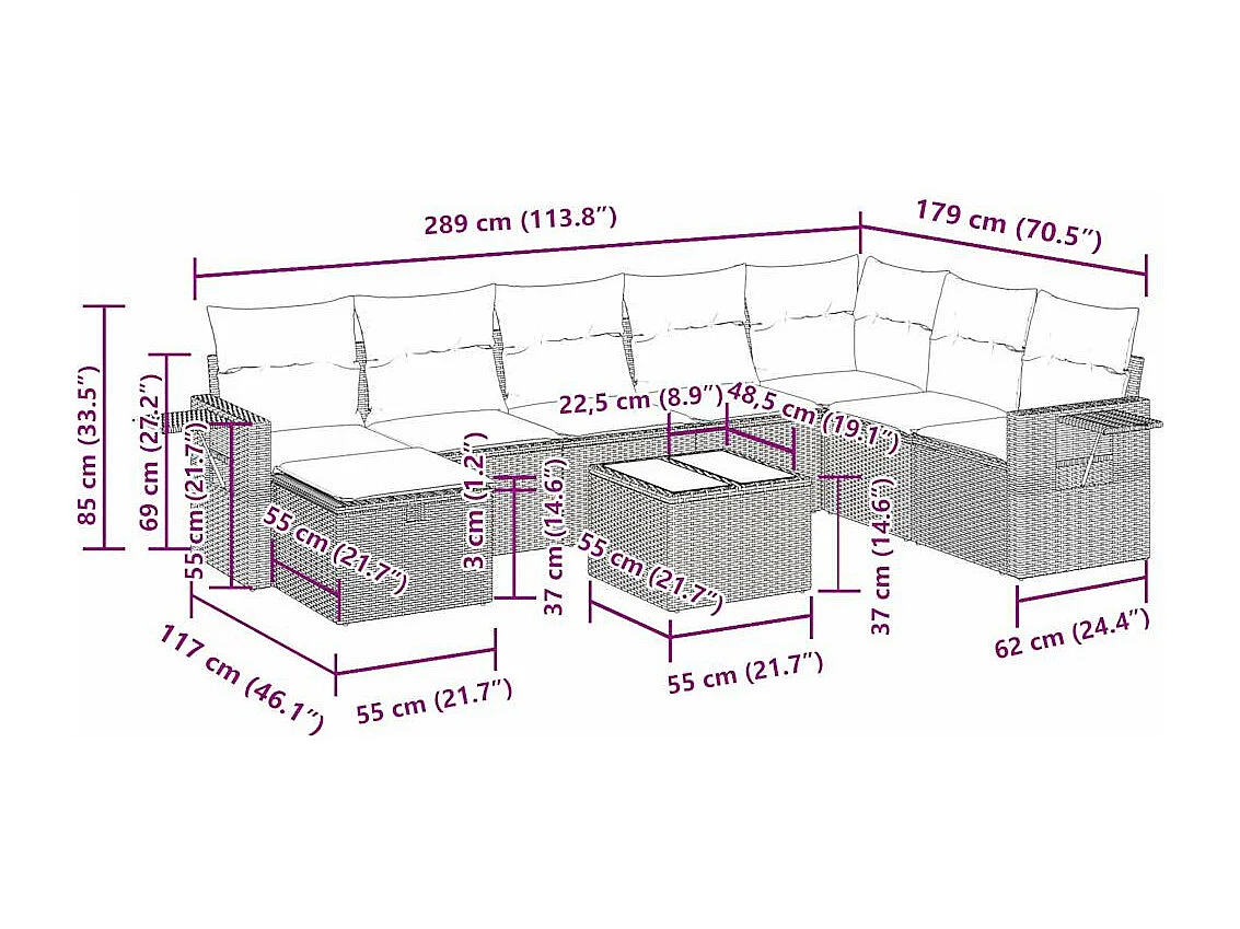 Salon de jardin avec coussins 9 pcs beige résine tressée