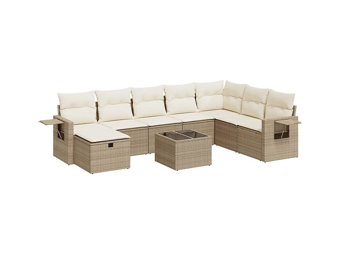 Set Divano da Giardino 9 pz con Cuscini Beige in Polyrattan