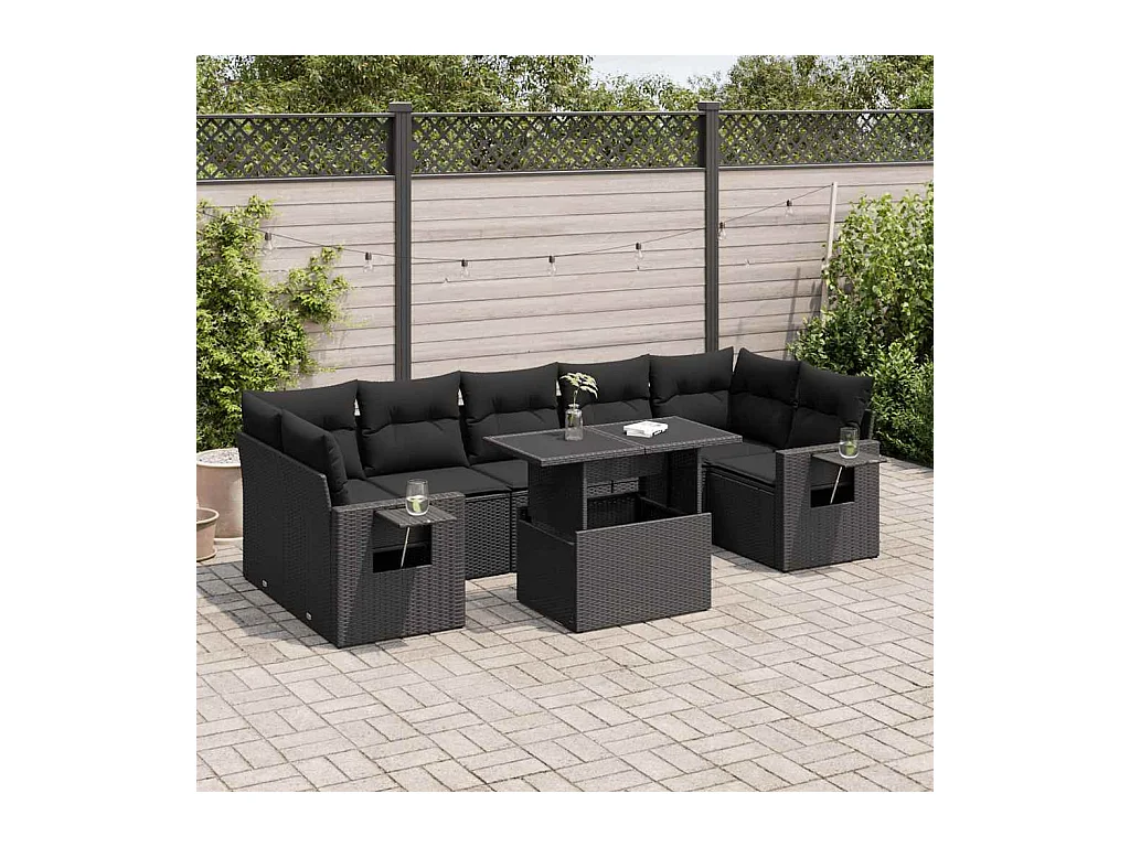 Salon de jardin 8 pcs avec coussins noir résine tressée
