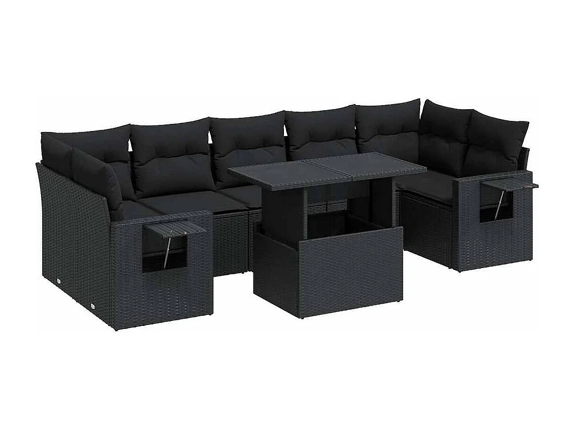 8 pcs conjunto sofás de jardim com almofadões vime PE preto