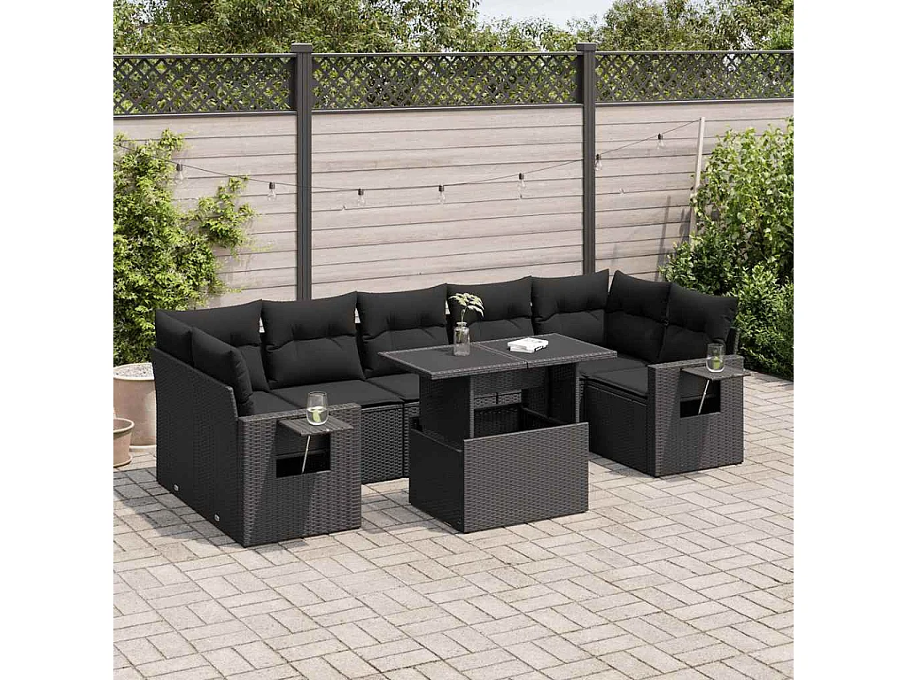 8 pcs conjunto sofás de jardim com almofadões vime PE preto