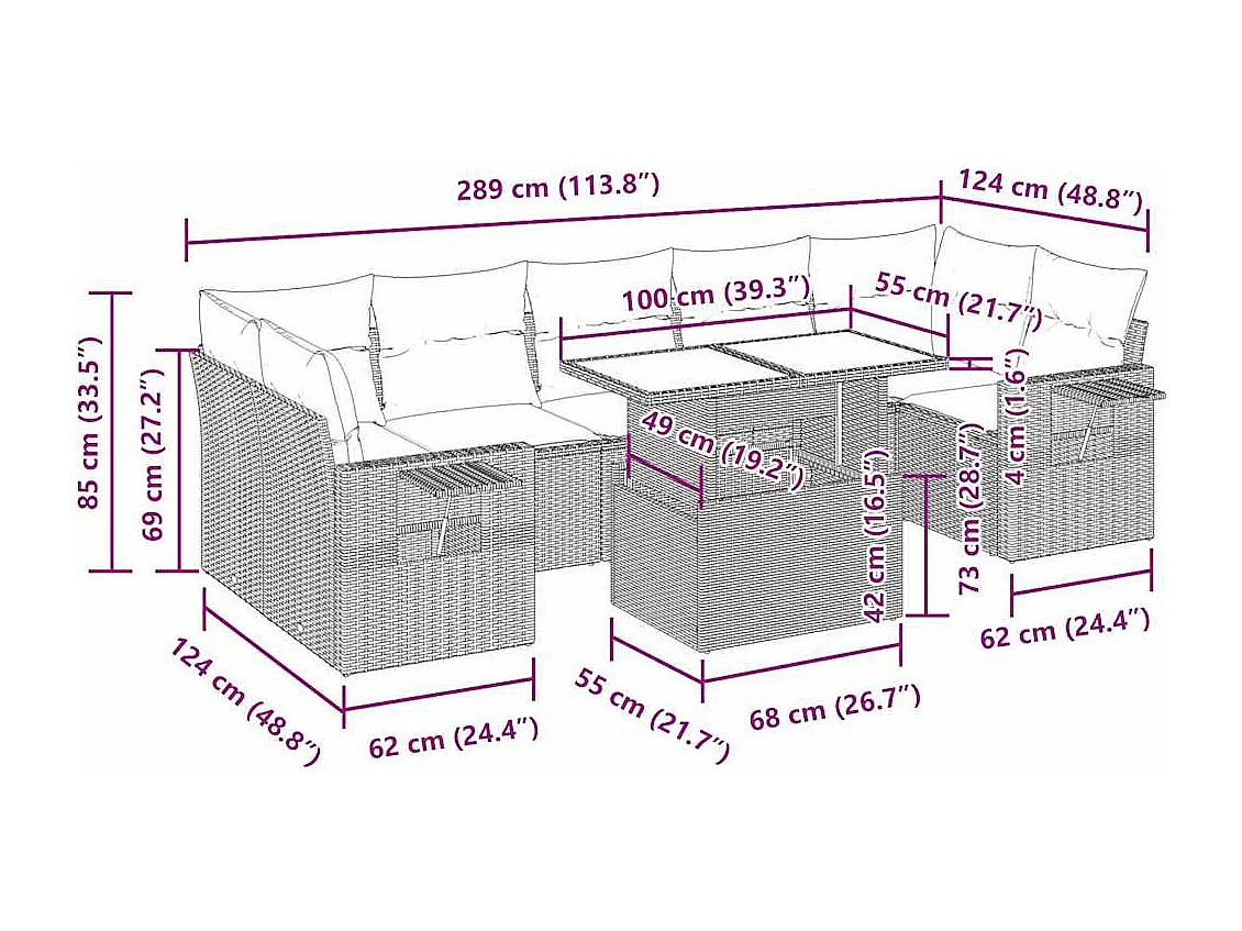 8 pcs conjunto sofás de jardim com almofadões vime PE preto