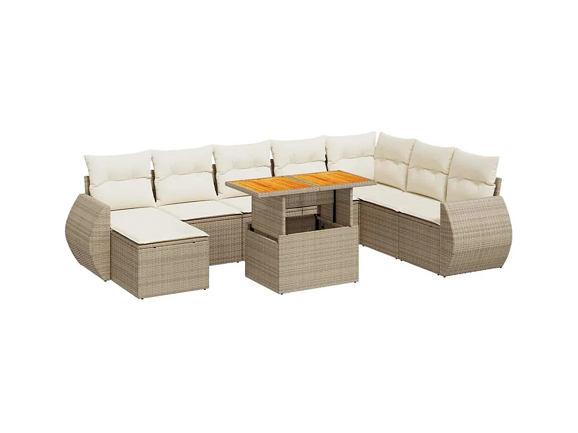 Salon de jardin avec coussins 9 pcs beige résine tressée