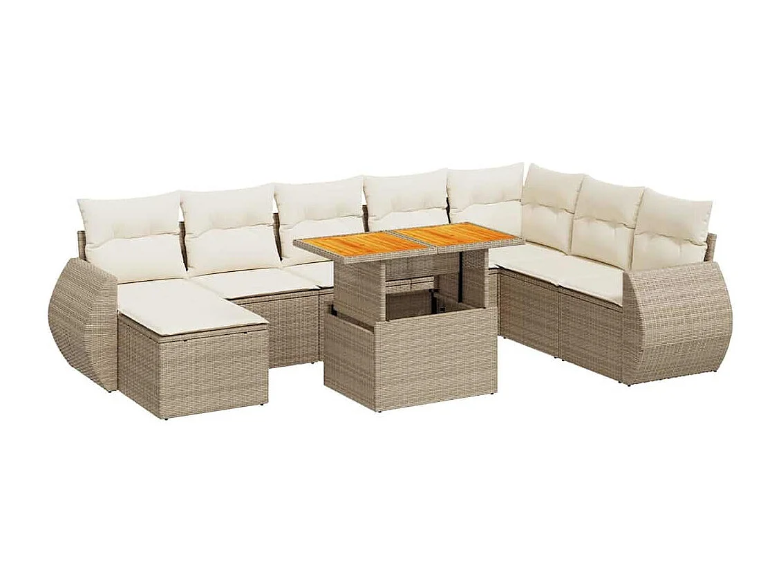 Salon de jardin avec coussins 9 pcs beige résine tressée