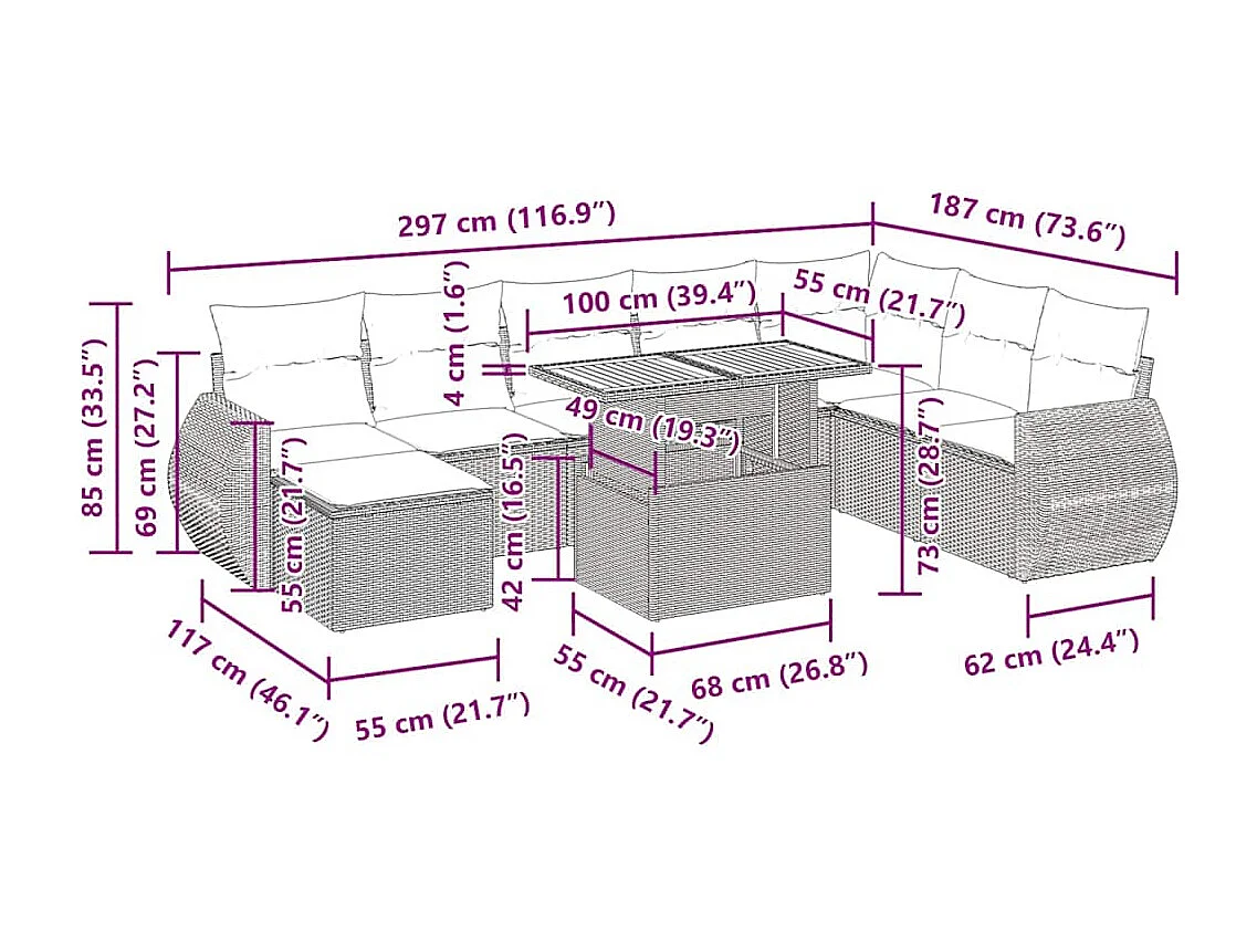 Set de sofás de jardín con cojines 9 pzas ratán sintético beige