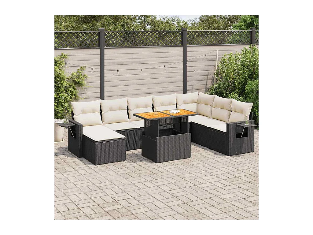 Set Divani da Giardino 9 pz con Cuscini Nero in Polyrattan