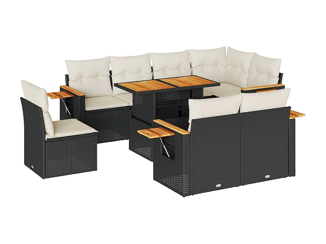 Salon de jardin avec coussins 9 pcs noir résine tressée acacia