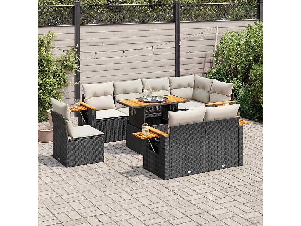 Salon de jardin avec coussins 9 pcs noir résine tressée acacia