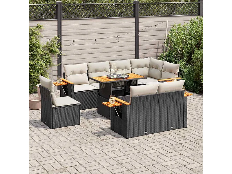 9-tlg. Garten-Sofagarnitur mit Kissen Schwarz Poly Rattan