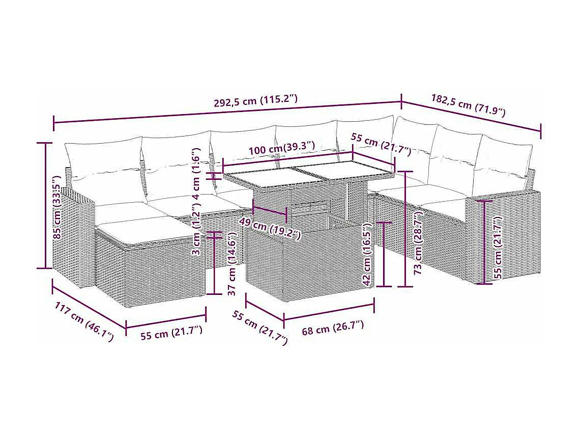 Set de sofás de jardín con cojines 9 pzas ratán sintético negro
