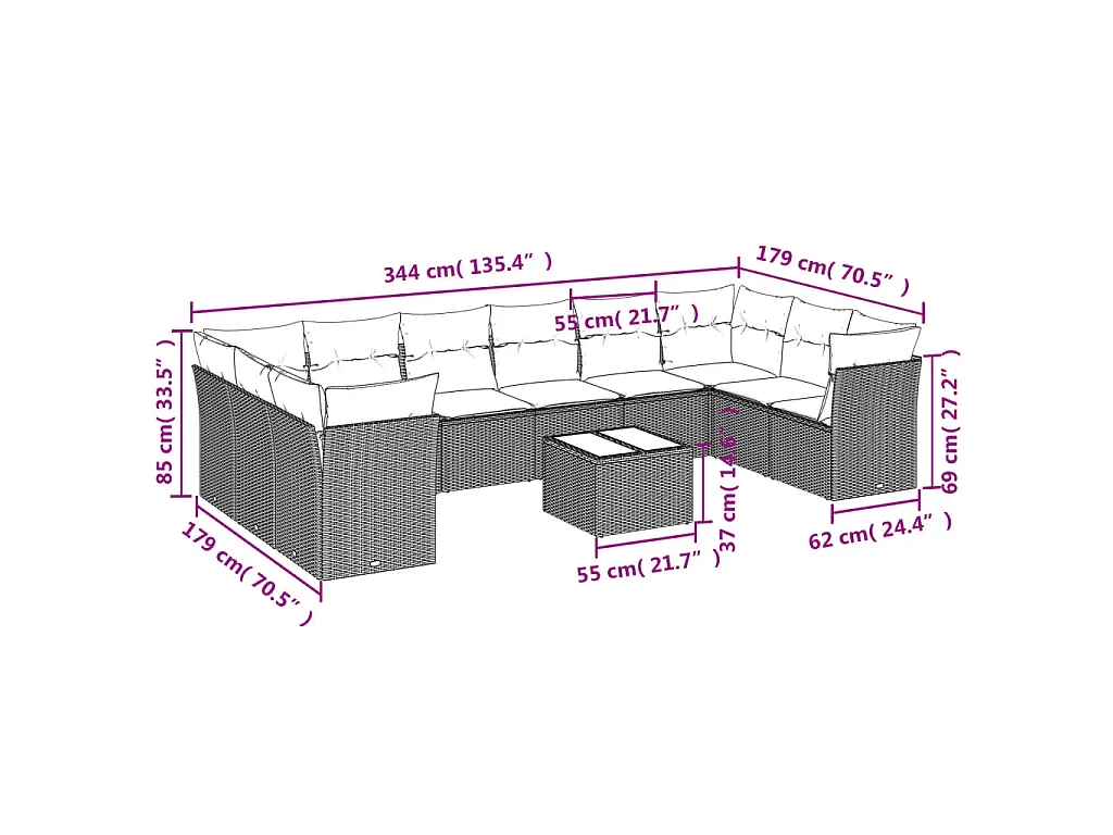11-delige Loungeset met kussens poly rattan bruin