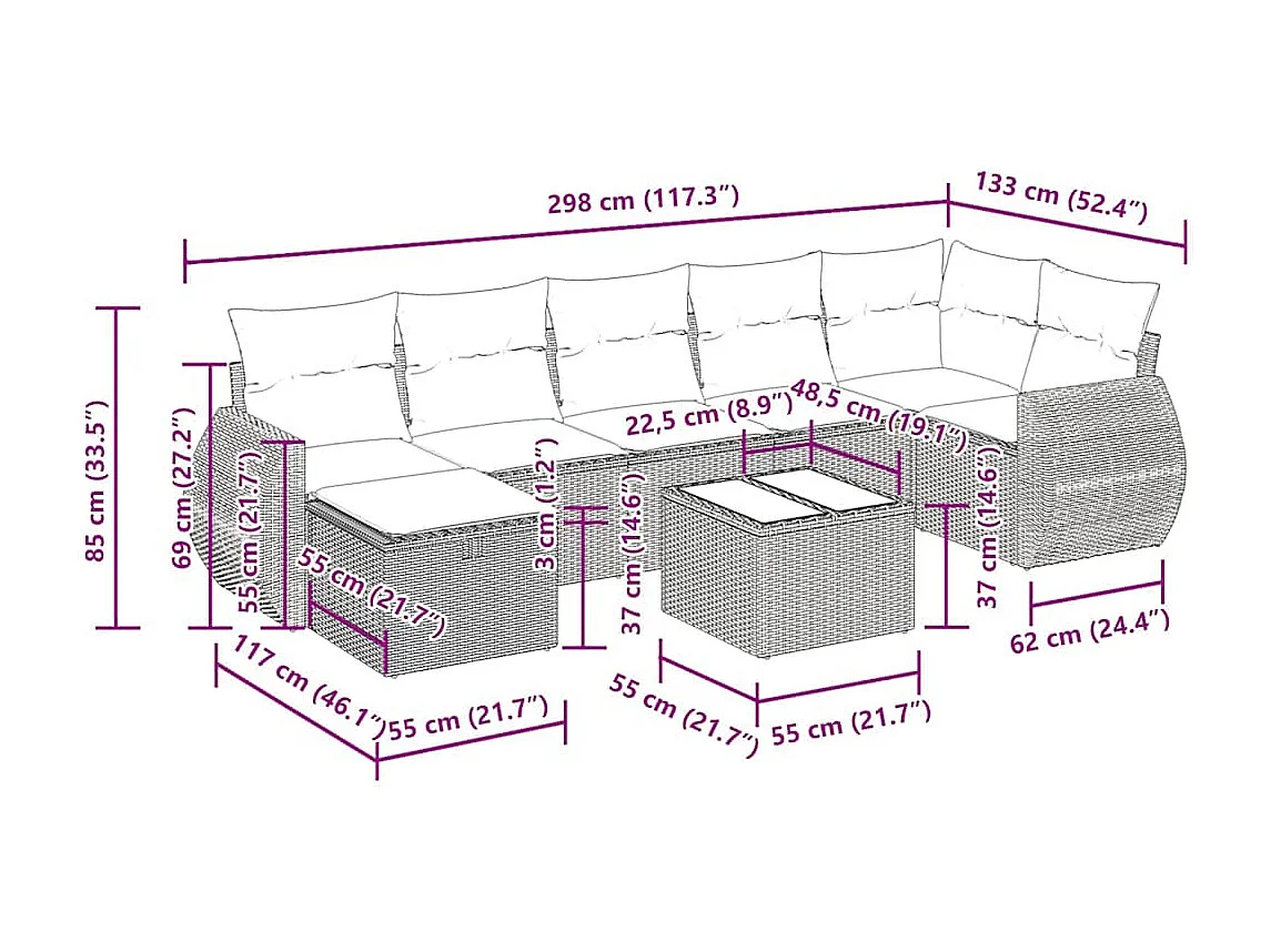 Salon de jardin 8 pcs avec coussins gris clair résine tressée