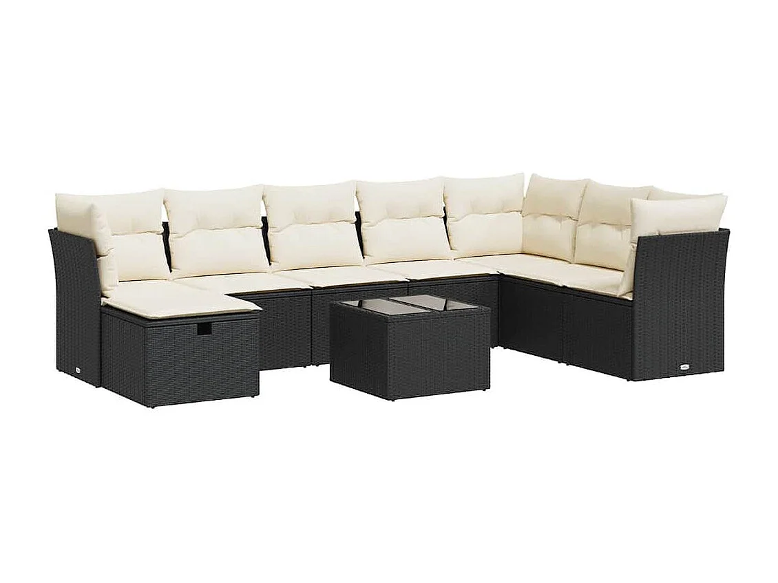 Salon de jardin 9 pcs avec coussins noir résine tressée