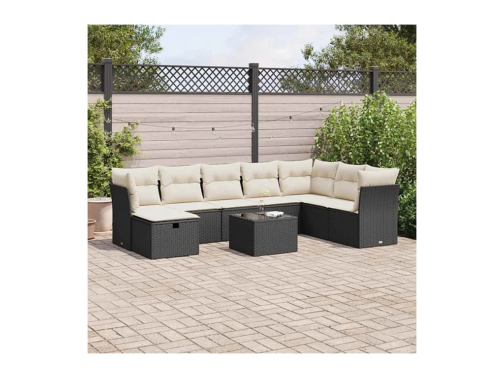 Set Divani da Giardino 9 pz con Cuscini Nero in Polyrattan