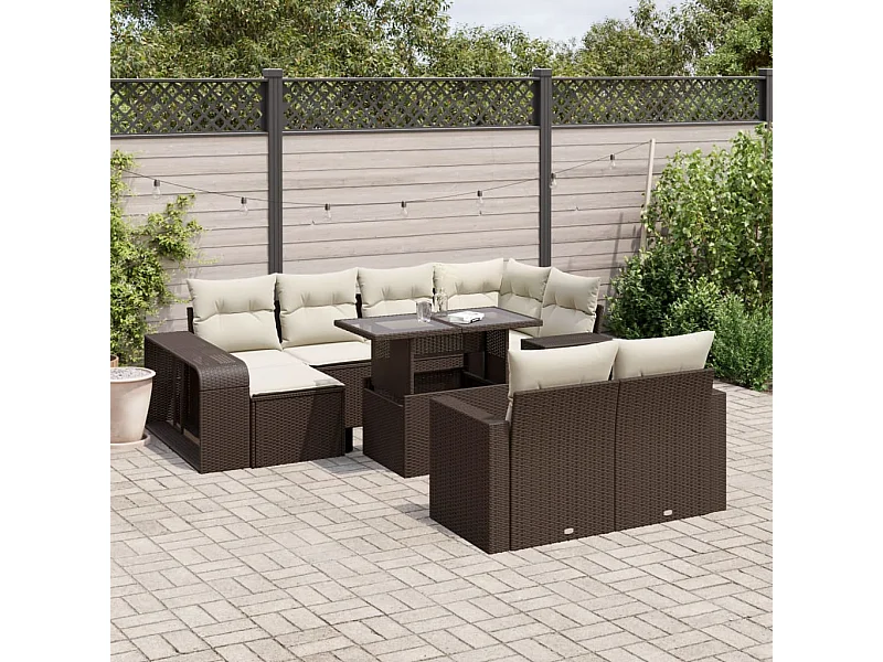 11 pcs conjunto sofás de jardim c/ almofadões vime PE castanho