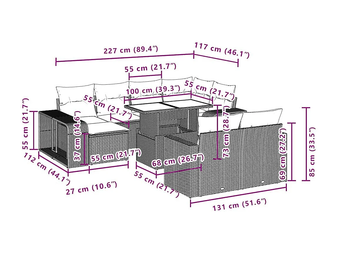 Salon de jardin et coussins 11 pcs marron résine tressée