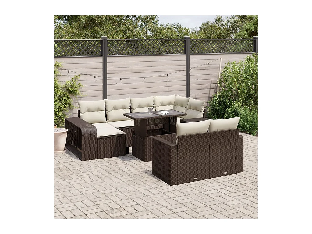 Salon de jardin et coussins 11 pcs marron résine tressée