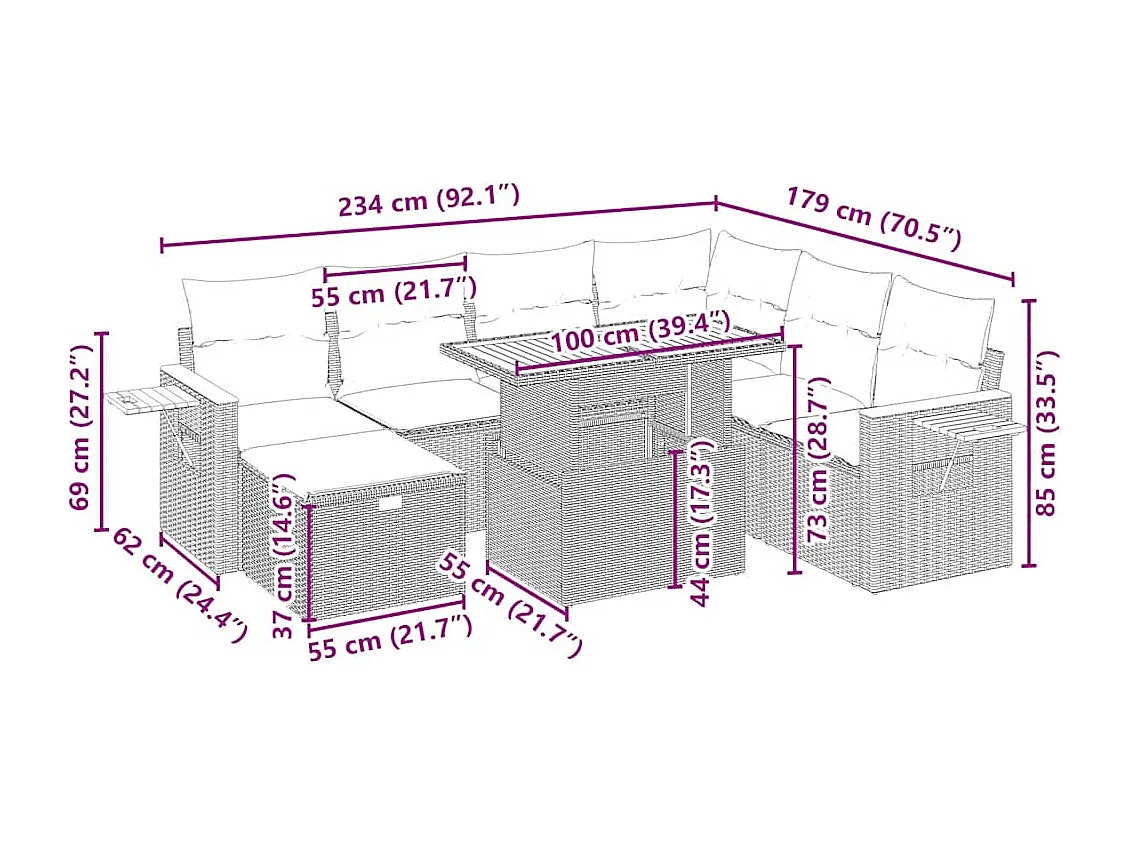 Salon de jardin avec coussins 8 pcs beige résine tressée