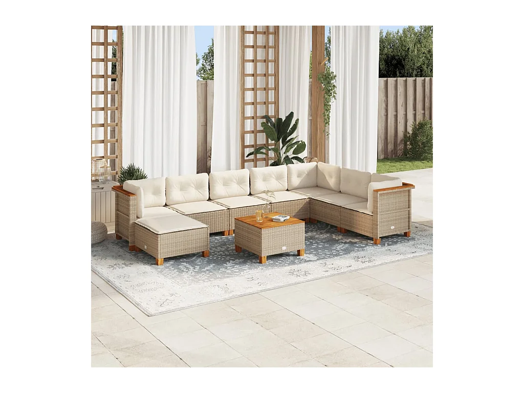 Set Divano da Giardino 9 pz con Cuscini Beige in Polyrattan