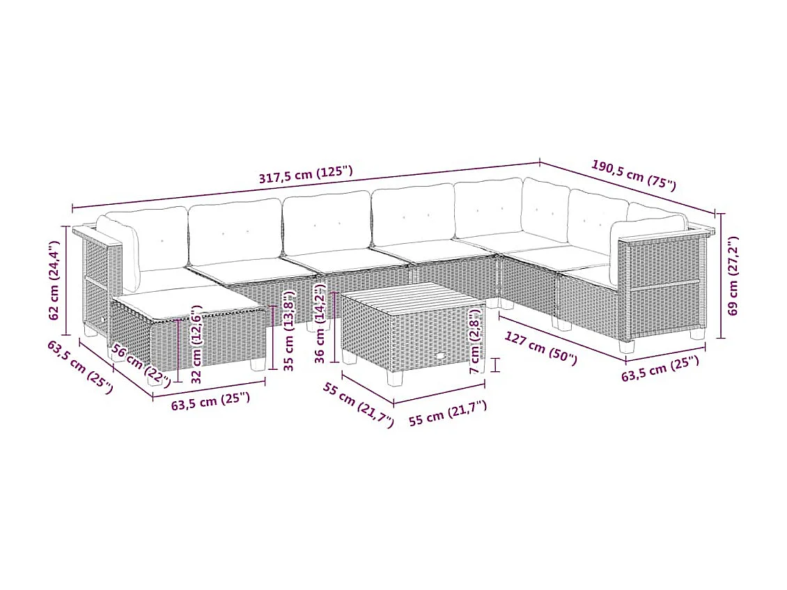 Salon de jardin avec coussins 9 pcs beige résine tressée