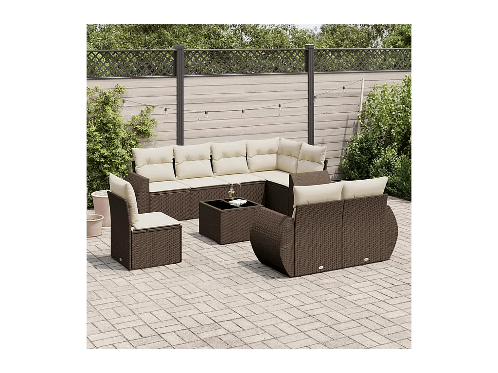 Set de sofás de jardín 9 pzas y cojines ratán sintético marrón