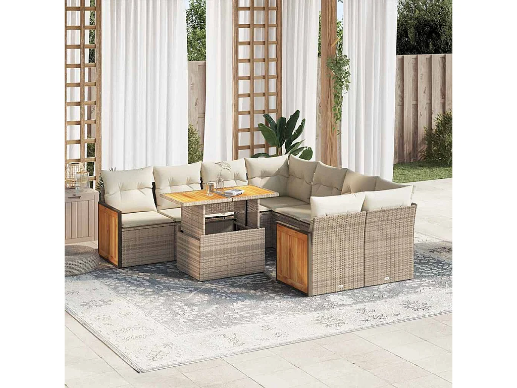 Salon de jardin avec coussins 9 pcs beige résine tressée acacia