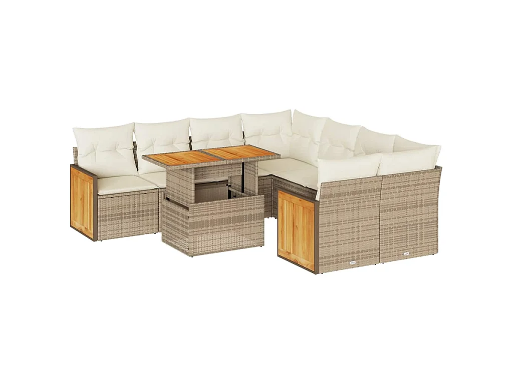 Set Divano da Giardino 9 pz con Cuscini Beige Polyrattan Acacia