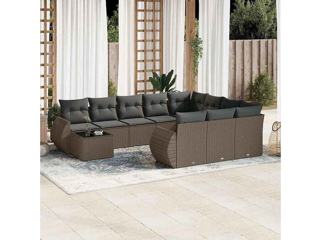 11-tlg. Garten-Sofagarnitur mit Kissen Hellgrau Poly Rattan
