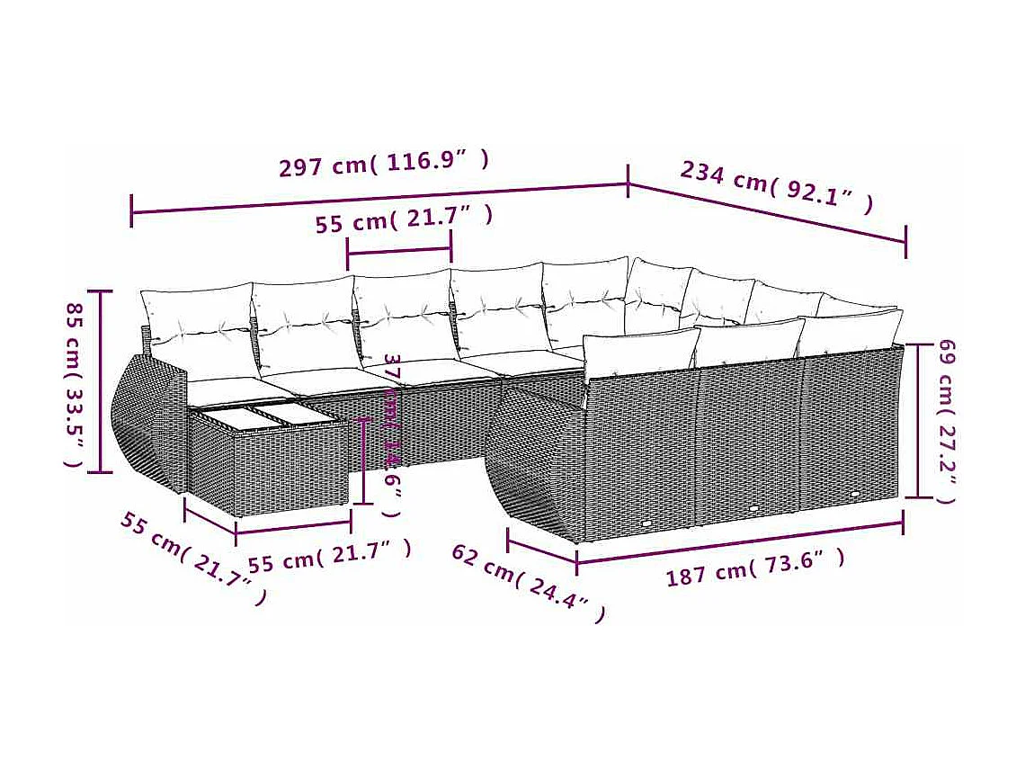 11-tlg. Garten-Sofagarnitur mit Kissen Hellgrau Poly Rattan