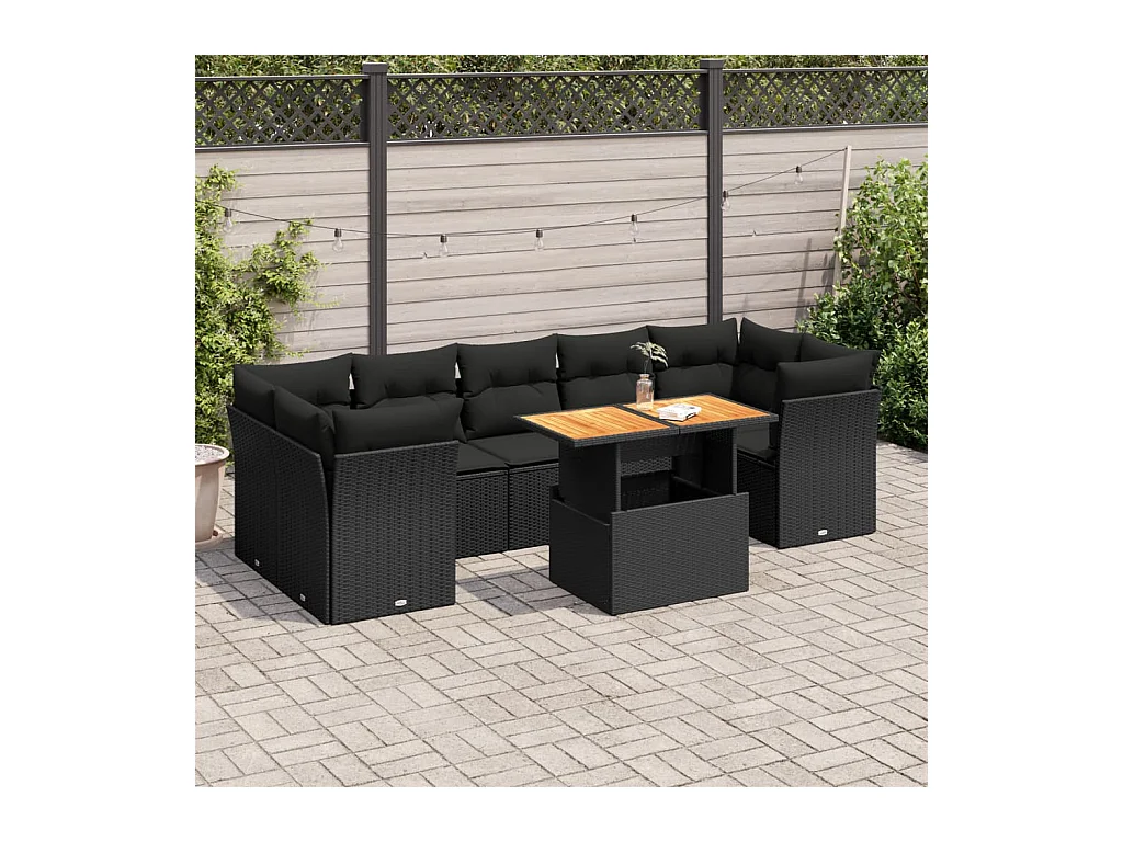 Salon de jardin 8 pcs avec coussins noir résine tressée