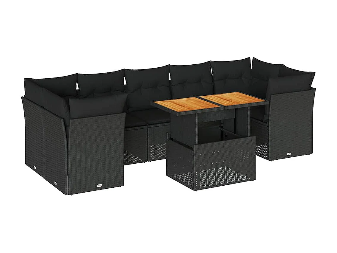 Salon de jardin 8 pcs avec coussins noir résine tressée