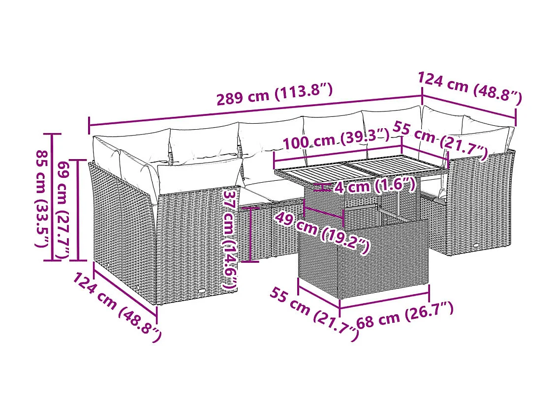 Salon de jardin 8 pcs avec coussins noir résine tressée