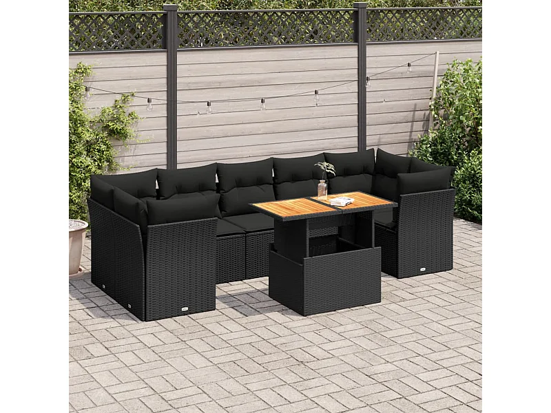Salon de jardin 8 pcs avec coussins noir résine tressée