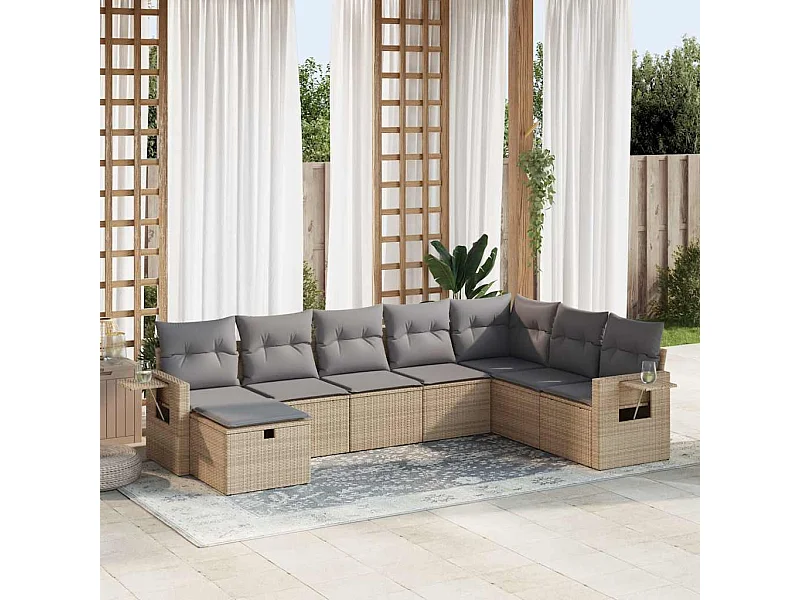Set Divano da Giardino 8 pz con Cuscini Beige in Polyrattan