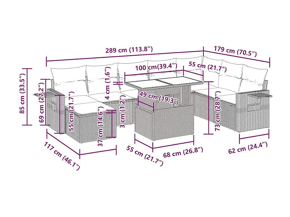 9-tlg. Garten-Sofagarnitur mit Kissen Beige Poly Rattan