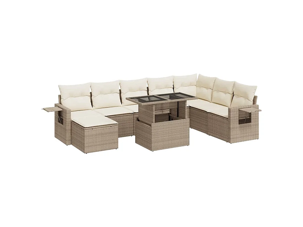 9 pcs conjunto de sofás p/ jardim com almofadões vime PE bege