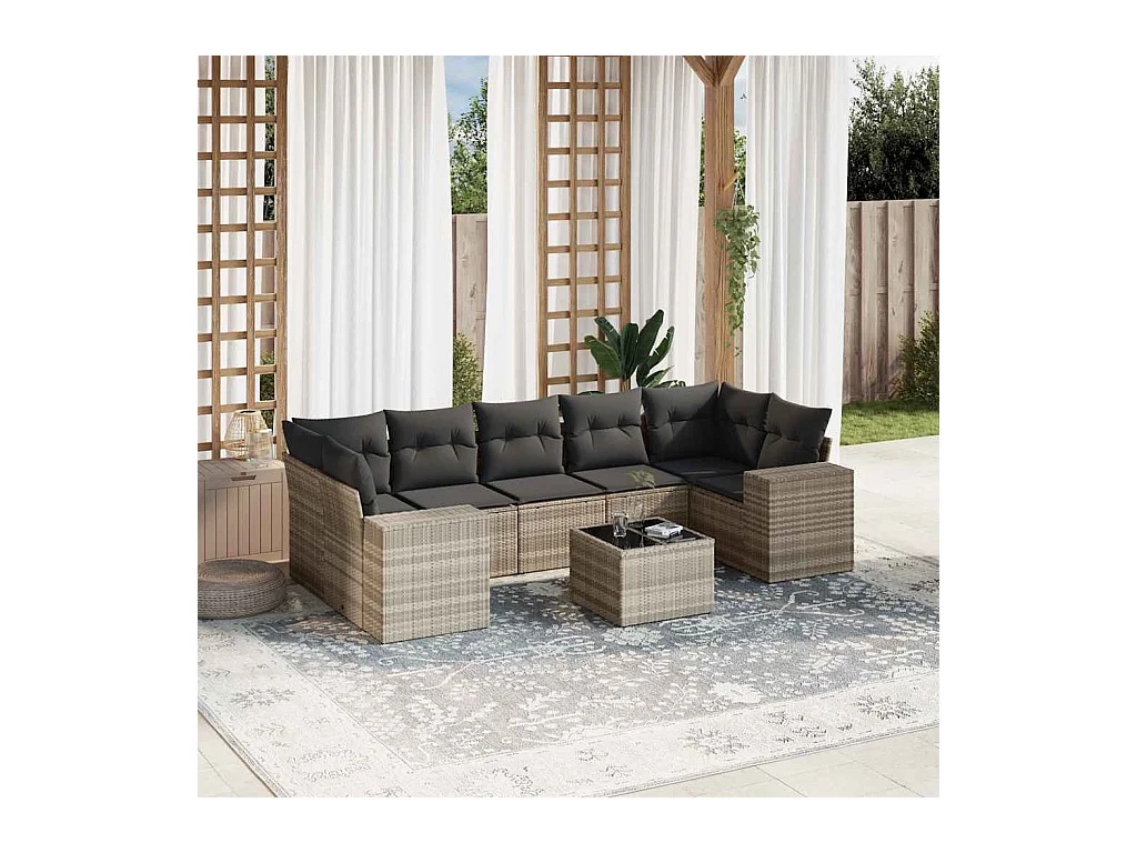 Salon de jardin 8 pcs avec coussins gris clair résine tressée