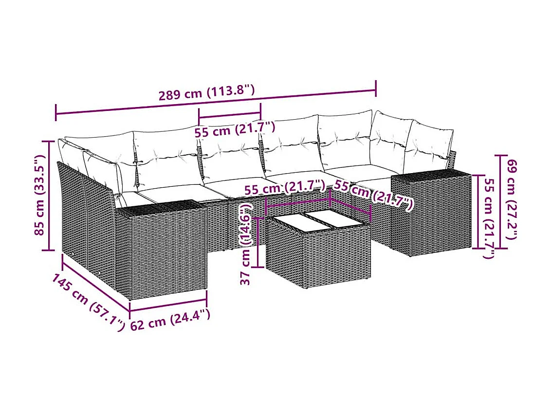 Salon de jardin 8 pcs avec coussins gris clair résine tressée