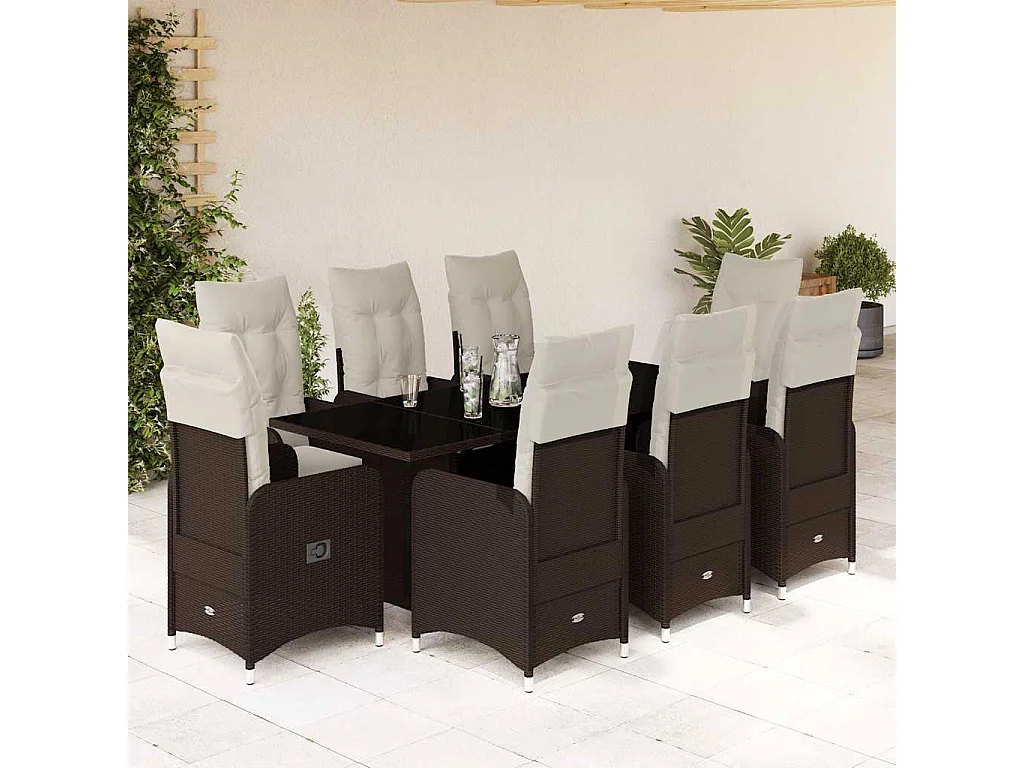 Ensemble de bistro de jardin 9 pcs coussins marron poly rotin